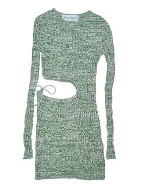 Aya Muse Cut Out Ribbed Mini Long Sleeve Dress in Turquoise